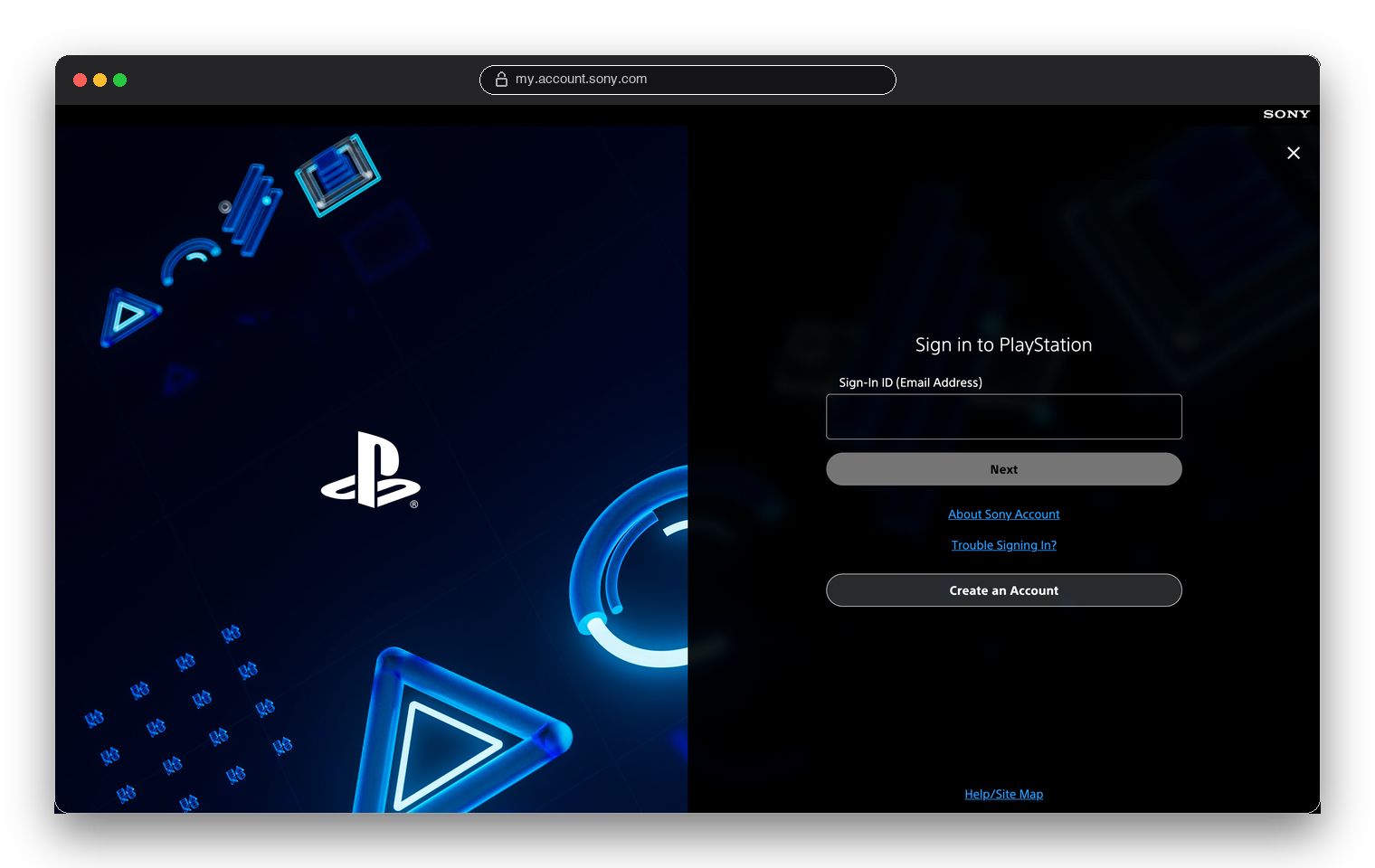 Экран входа в PlayStation с кнопкой Create an Account