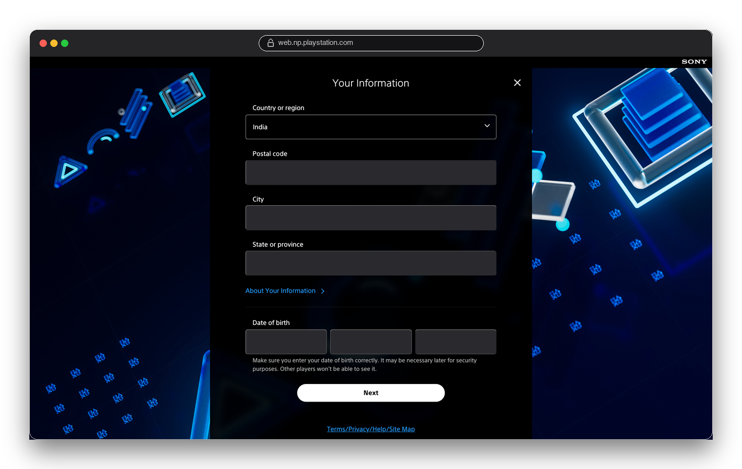 Форма создания аккаунта PSN с выбранной страной India, остальные поля скрыты