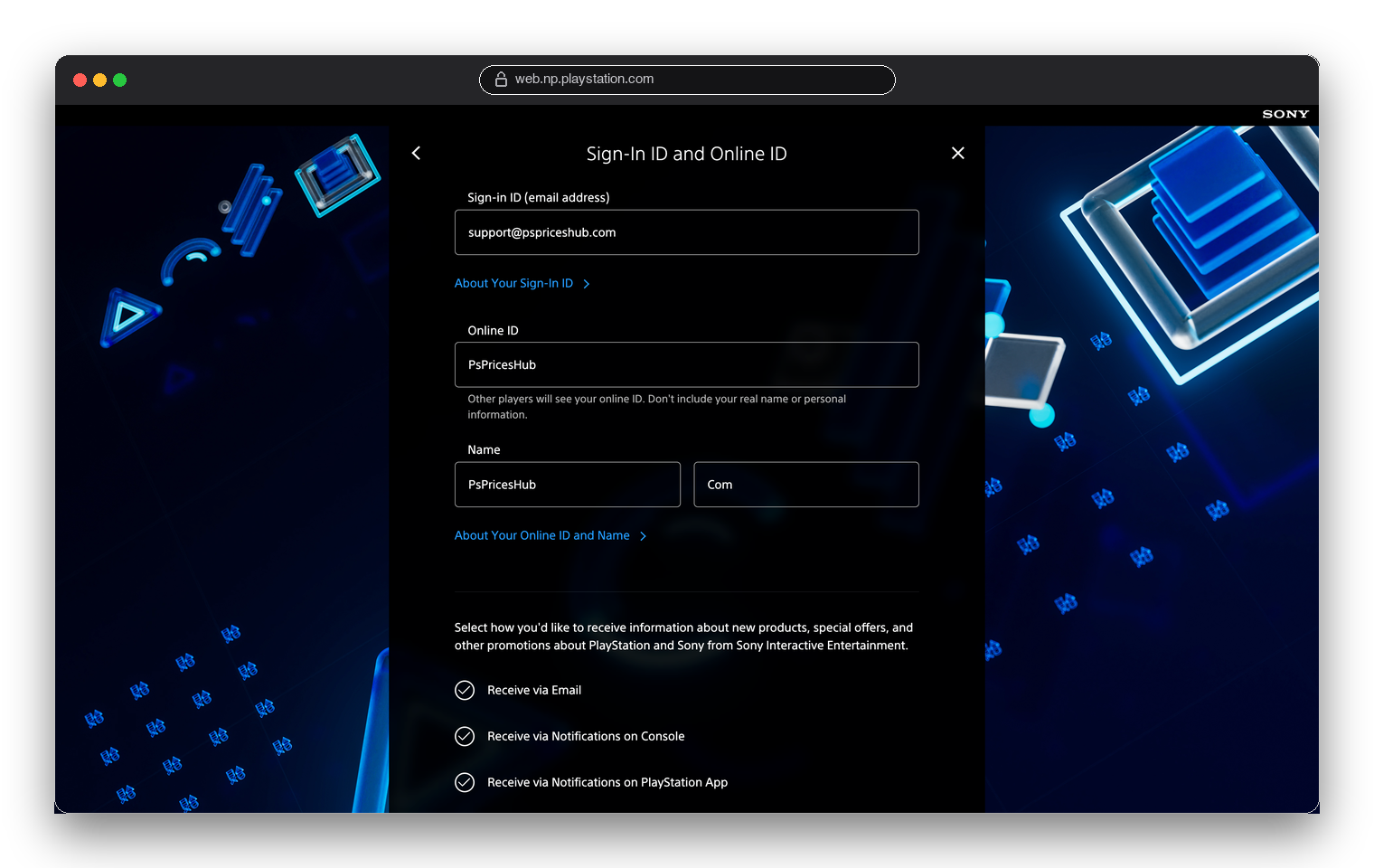 Форма PSN с полями Sign-in ID и Online ID
