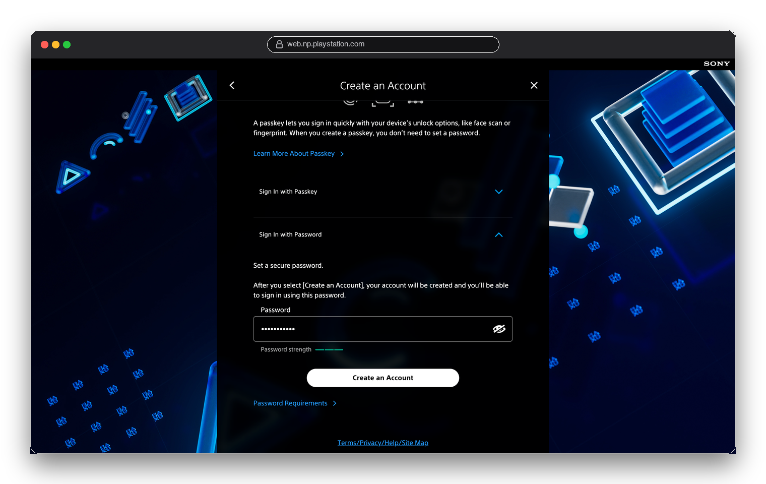 Форма создания аккаунта PSN с полем пароля и кнопкой Create an Account